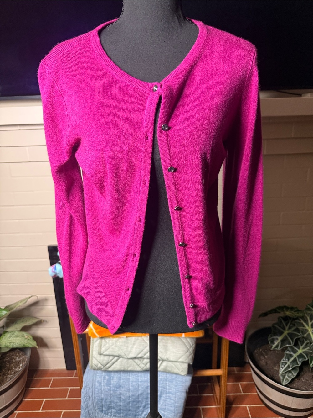 New York & Company Bright Fuchsia Button-Front Crewneck Cardigan